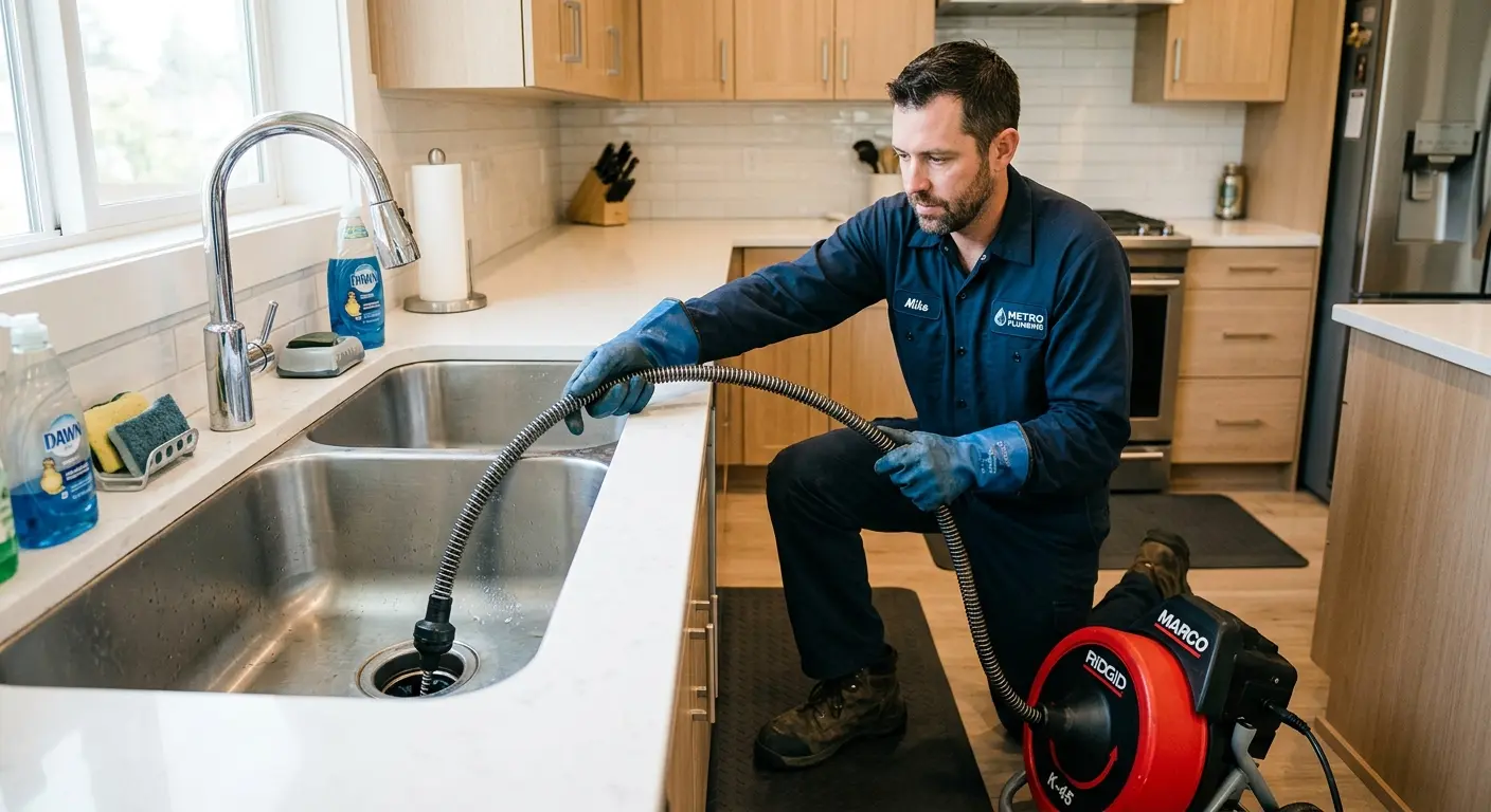 Drain cleaning technician using a motorized snake on a kitchen sink in Willows