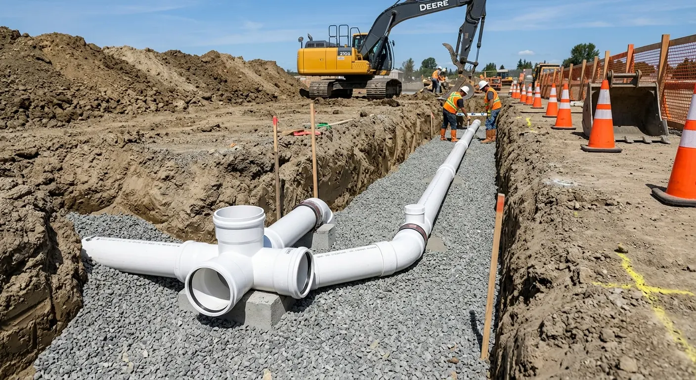 New PVC sewer pipe installation in open trench for Grease Trap Cleaning in Willows