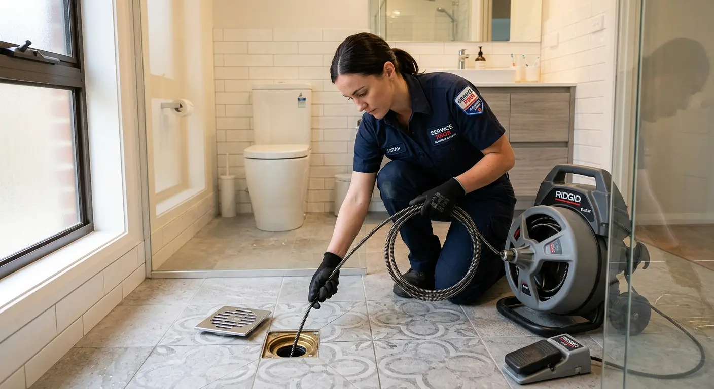 Technician clearing a bathroom floor drain for Drain Repair in Willows